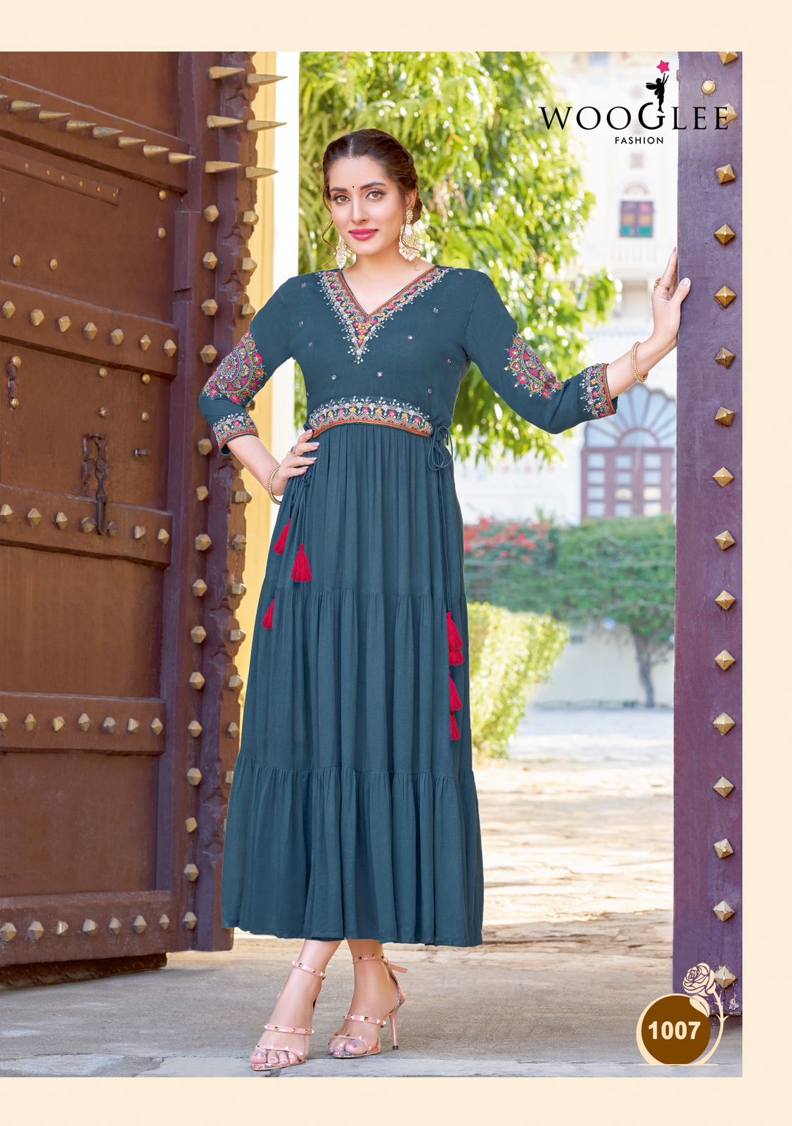 Nirja Vol 2 By Wooglee Designer Rayon Embroidered Long Kurtis Wholesale Price In Surat
